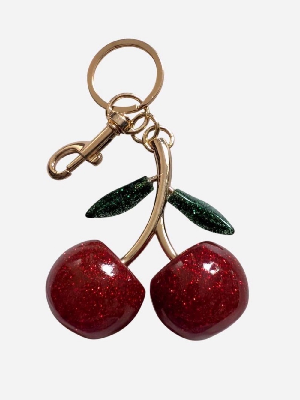 Gold-Tone Cherry Pendant Keychain with Red Glitter Enamel